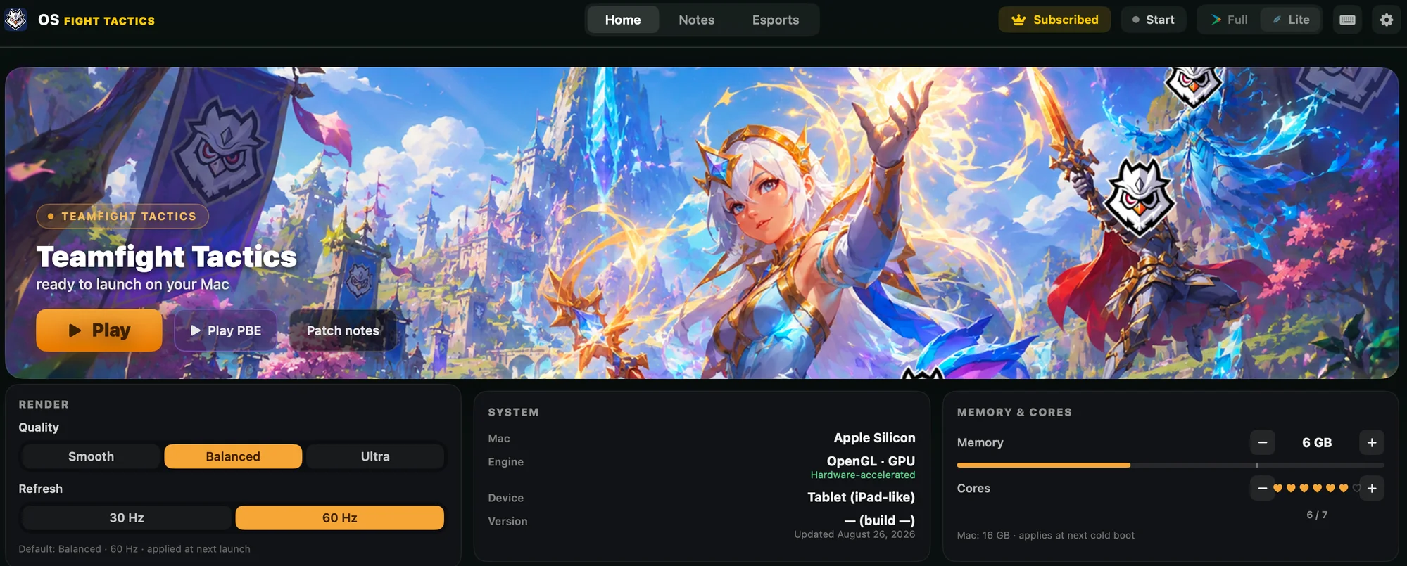 The OSFT launcher with Teamfight Tactics ready to launch